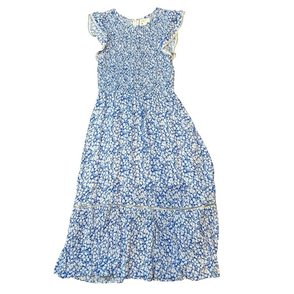 Lost + Wander Pick Me Blue Floral Print Midi Dress smocked size small prarie - Picture 9 of 11